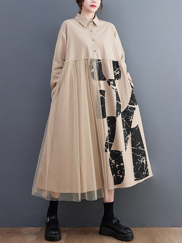 Casual Long Sleeves Loose Contrast Color Split-Joint Lapel Collar Midi Dresses