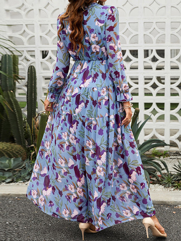 High Waisted Long Sleeves Flower Print Pleated Ruffled V-Neck Maxi Dresses