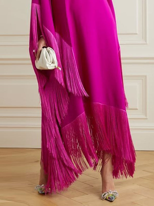 Batwing Sleeves Loose Solid Color Split-Joint Tasseled High Neck Evening Dresses Maxi Dresses