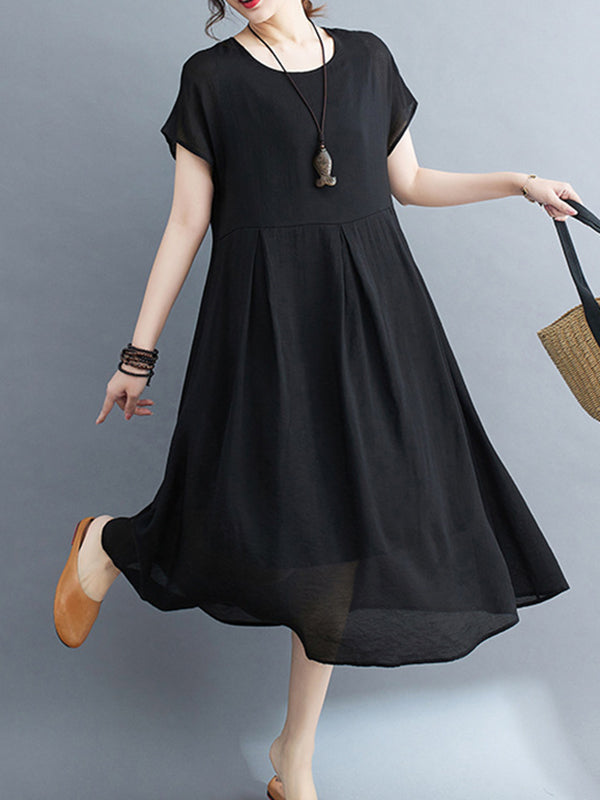 Loose Short Sleeves Solid Color Split-Joint Round-Neck Midi Dresses