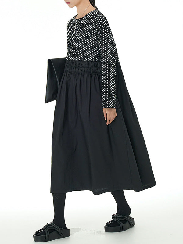 Long Sleeves Loose Contrast Color Elasticity Pleated Polka-Dot Split-Joint Round-Neck Midi Dresses