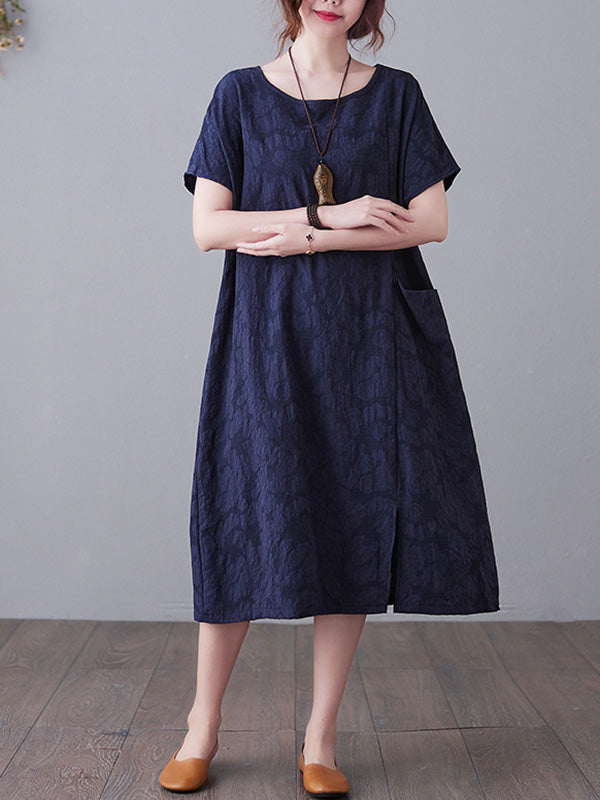 Original Solid Jacquard Short Sleeve Midi Dress