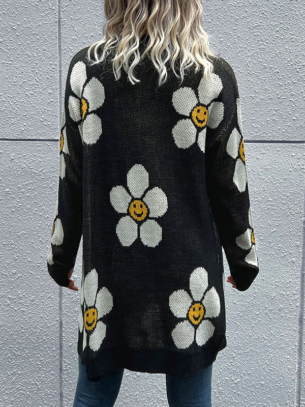 Loose Wrap Contrast Color Knitted Flower Cardigan Tops