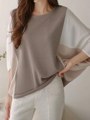 Batwing Sleeves Loose Contrast Color Split-Joint Round-Neck T-Shirts Tops