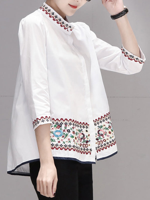 Loose Three-Quarter Sleeves Buttoned Embroidered Stand Collar Blouses&Shirts Tops