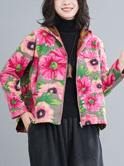 Artistic Retro Velvet Floral Printed Zipper Hooded Long Sleeves Outwear