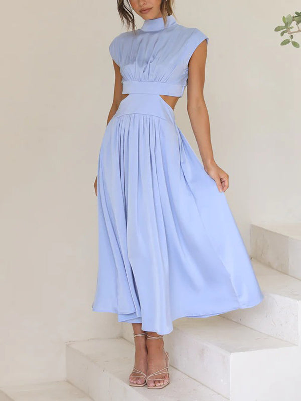 Cap Sleeve Belly-Hollow Pleated Solid Color Stand Collar Maxi Dresses