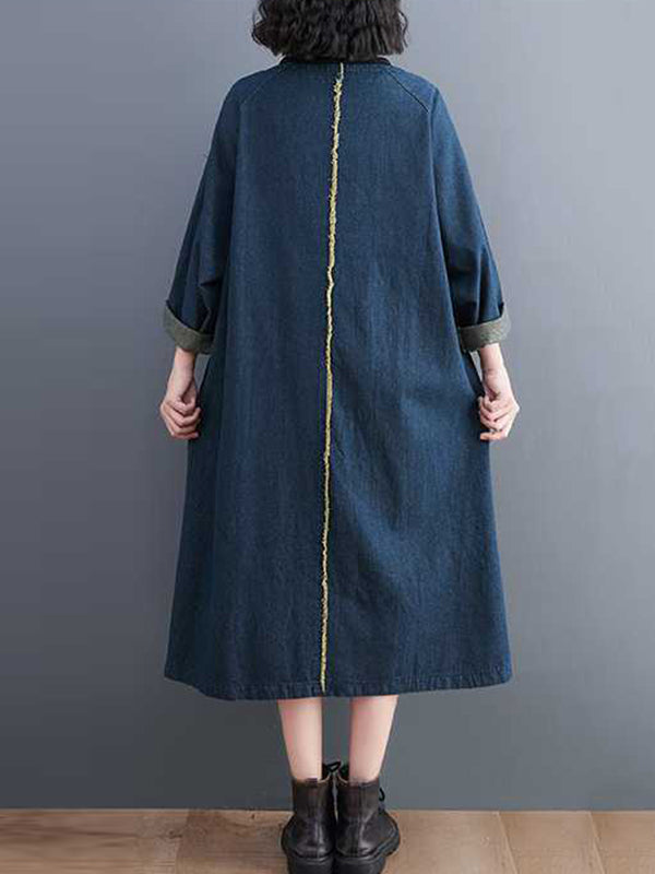 A-Line Long Sleeves Fringed Pockets Split-Joint Round-Neck Midi Dresses