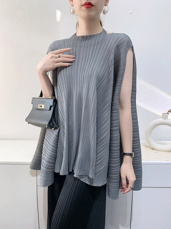 Loose Sleeveless Pleated Solid Color Halter-Neck T-Shirts Tops