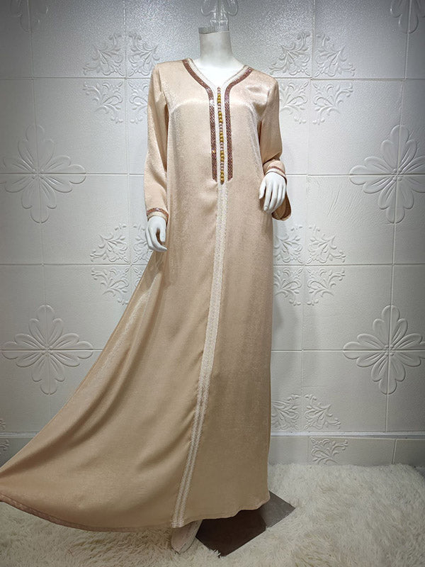 Long Sleeves Loose Muslim Rhine Stones V-Neck Maxi Dresses Robes