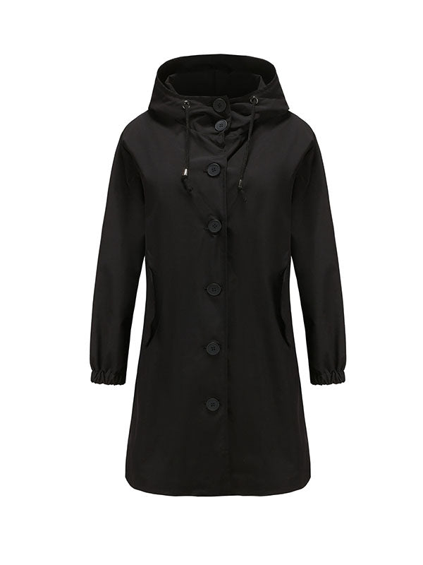 Long Sleeves Loose Buttoned Drawstring Elasticity Hooded Pockets Split-Back Waterproof High-Neck Trench Coats