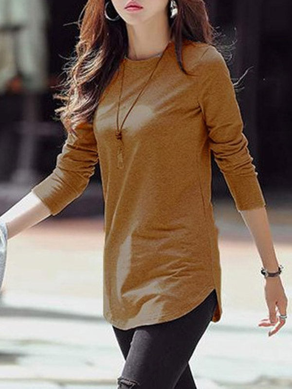 Long Sleeves Solid Color Round-Neck T-Shirts Tops