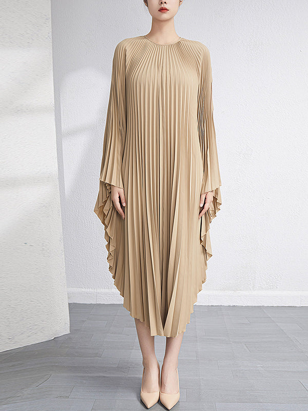 Batwing Sleeves Loose Pleated Solid Color Maxi Dresses