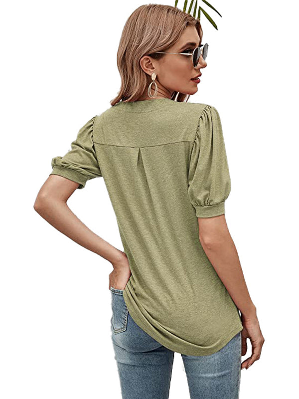 Simple Solid Color V-Neck Puff Sleeves T-Shirt Top