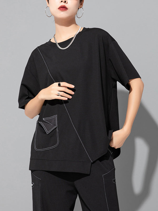 Loose Short Sleeves Asymmetric Solid Color Split-Joint Round-Neck T-Shirts Tops