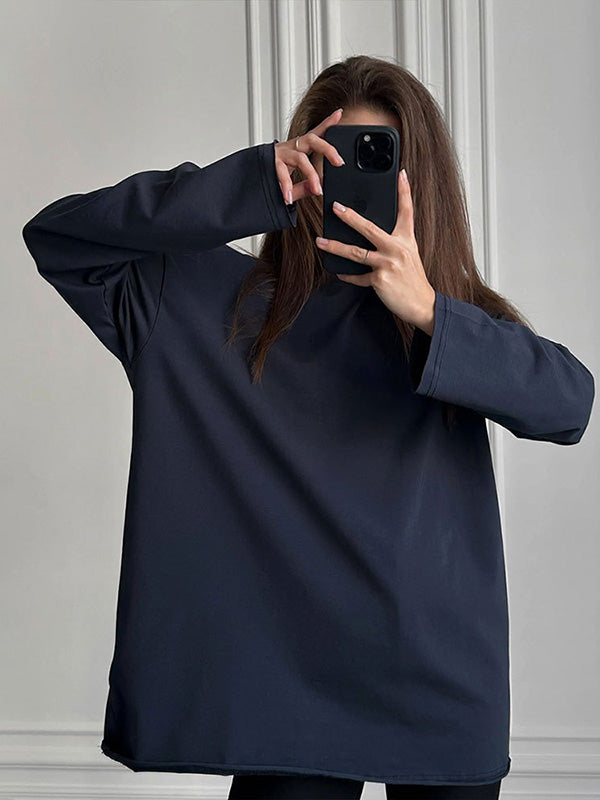 Long Sleeves Loose Solid Color Round-Neck T-Shirts Tops