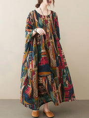 Vintage Loose Abstract Printed Pleated Round-Neck Half Sleeves Midi Dress