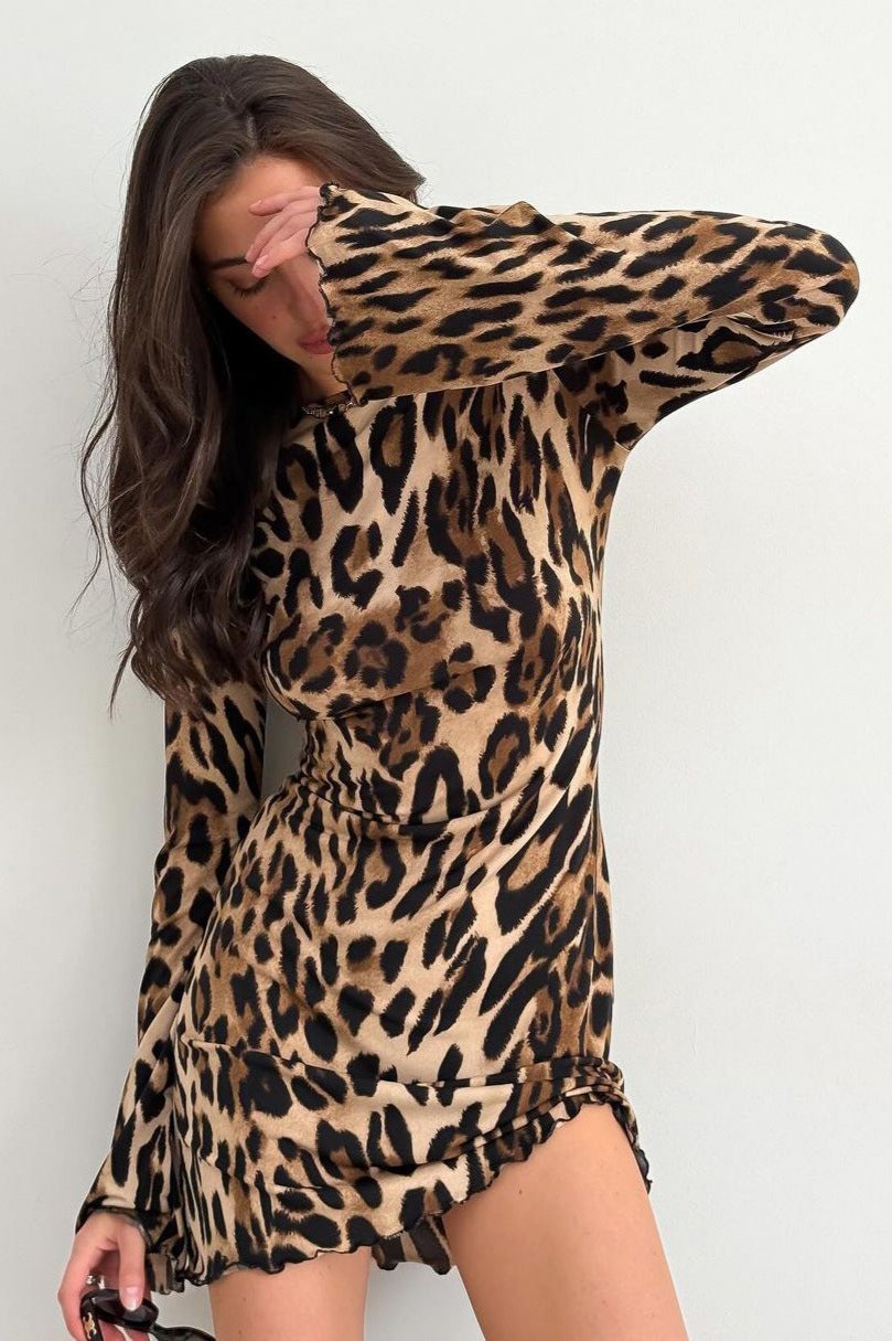 Savannah Fierce - Leopard Print Long Sleeve Mini Dress