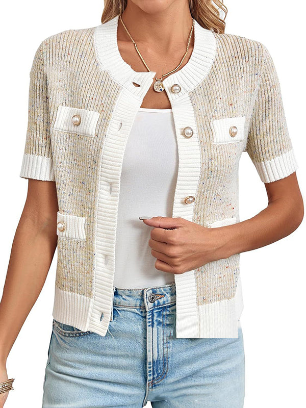 Short Sleeves Buttoned Pockets Split-Joint Round-neck Cardigan Tops