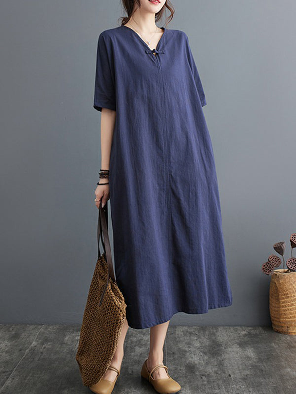 A-Line Loose Chinese Frog Buttons Pockets Solid Color Split-Side V-Neck Midi Dresses