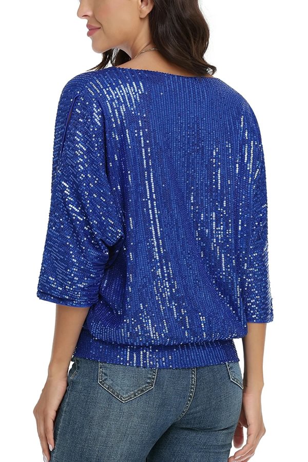 Solid Color Sequined Loose Round Neck Casual Top