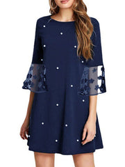 A-Line Loose Mesh Polka-Dot Split-Joint Three-Dimensional Flower Round-Neck Mini Dresses