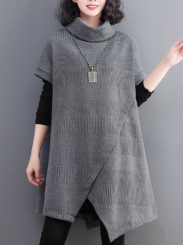 Short Sleeves Asymmetric Solid Color Split-Front High-Neck Knitwear Mini Dresses