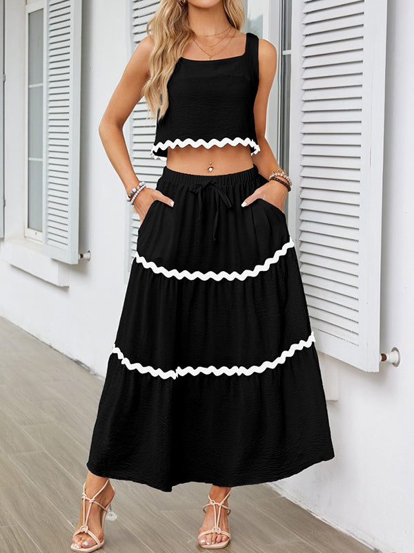 Sleeveless Striped Square-Neck Vest Top + A-Line High Waisted Drawstring Elasticity Pockets Skirts Bottom Two Pieces Set