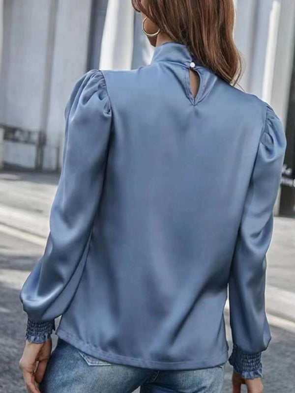 Loose Puff Sleeves Elasticity Hollow Pleated Split-Joint Stand Collar Blouses