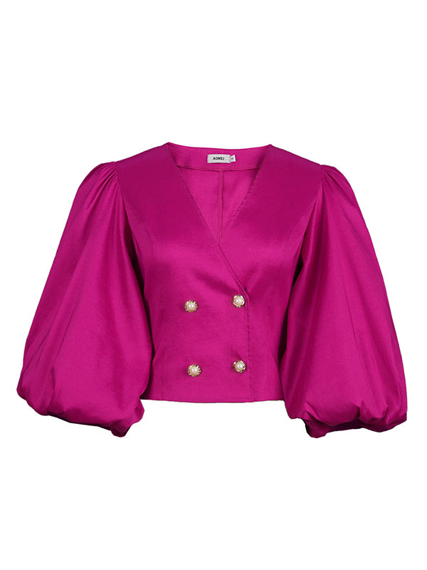 Stylish V-Neck Puff Sleeves Fuchsia Blouse