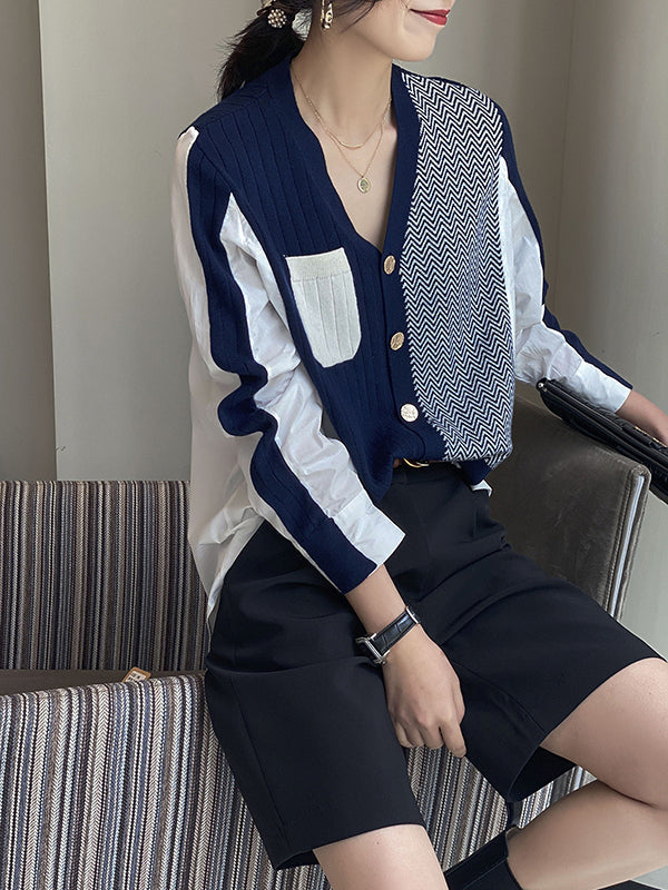 Urban Long Sleeves Contrast Color Split-Joint V-Neck Cardigan Tops