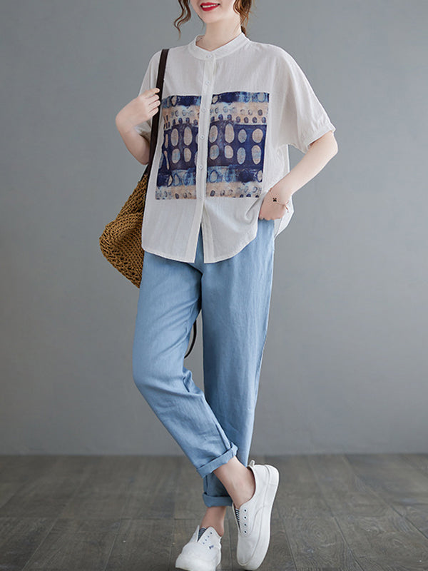 Artistic Retro Loose Applique Printed Blouse