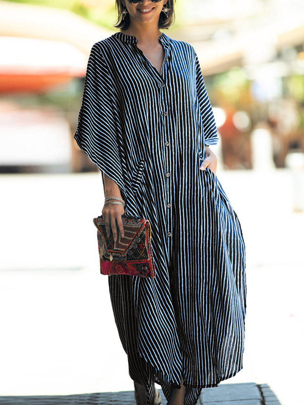 Batwing Sleeves Half Sleeves Buttoned Pockets Striped Round-Neck Beach Cover-Up Maxi Dresses