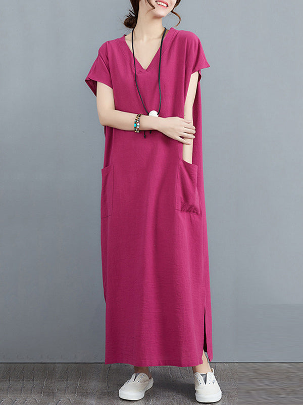 Simple Ramie Cotton Solid Color Split-Side With Pocket V-Neck Short Sleeves Maxi Dress