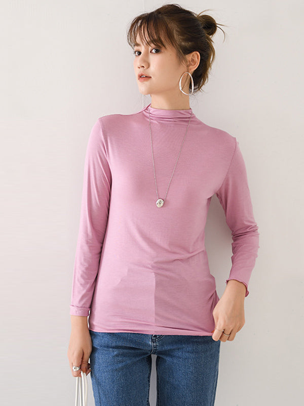 10 Colors Simple Solid Color Long Sleeves High-Neck T-Shirt Top