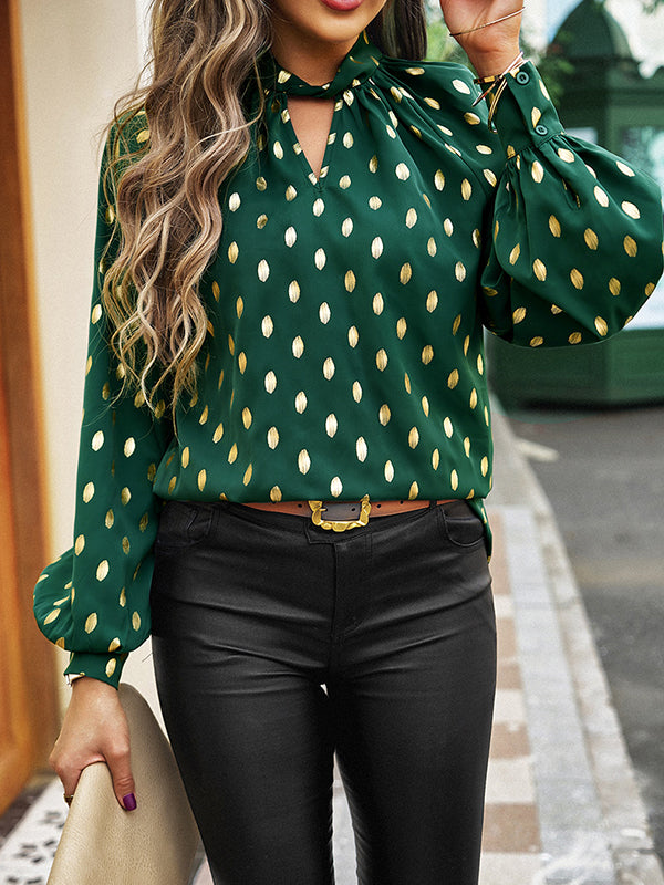 Long Sleeves Loose Bronzing Hollow Mock Neck Blouses&Shirts Tops