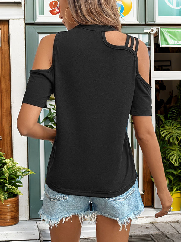 Loose Short Sleeves Asymmetric Hollow Solid Color Cold Shoulder T-Shirts Tops