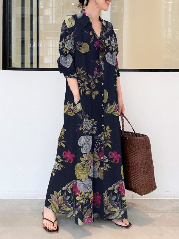 Loose Plus Size Printed Split-Joint Lapel Maxi Dresses Shirt Dress