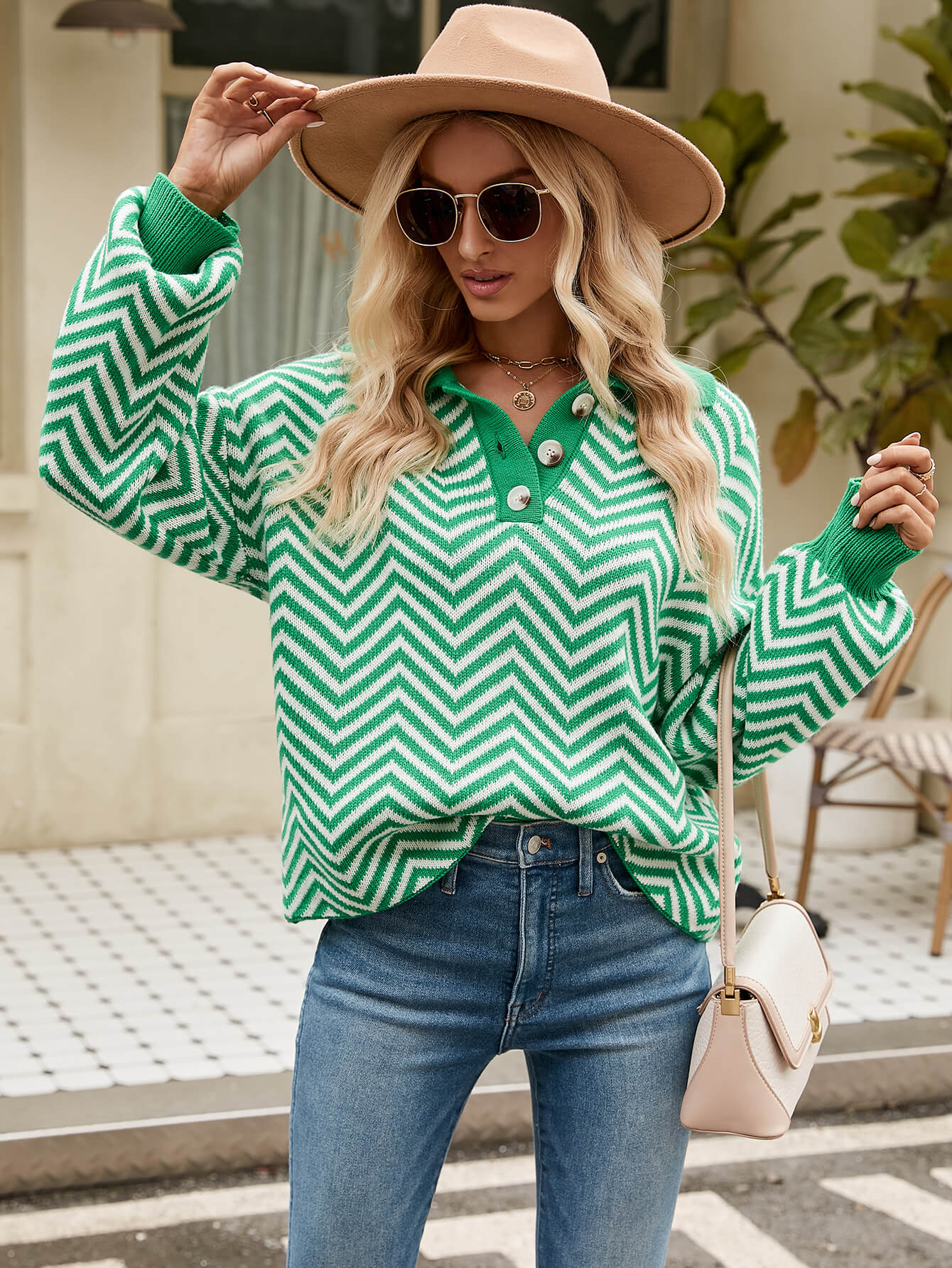 Benji Zig Zag Striped Batwing Sleeve Sweater - Green