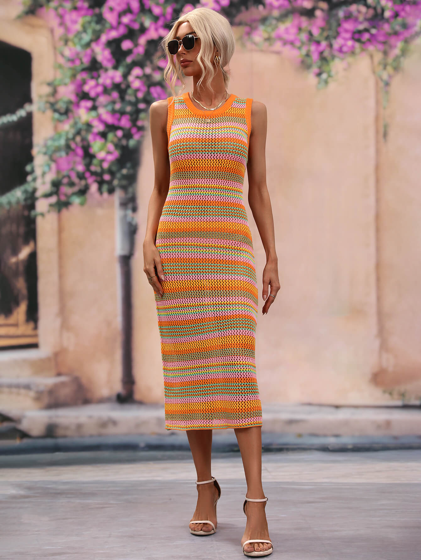 VACAYS CHEVRON KNIT MIDI DRESS - ORANGE