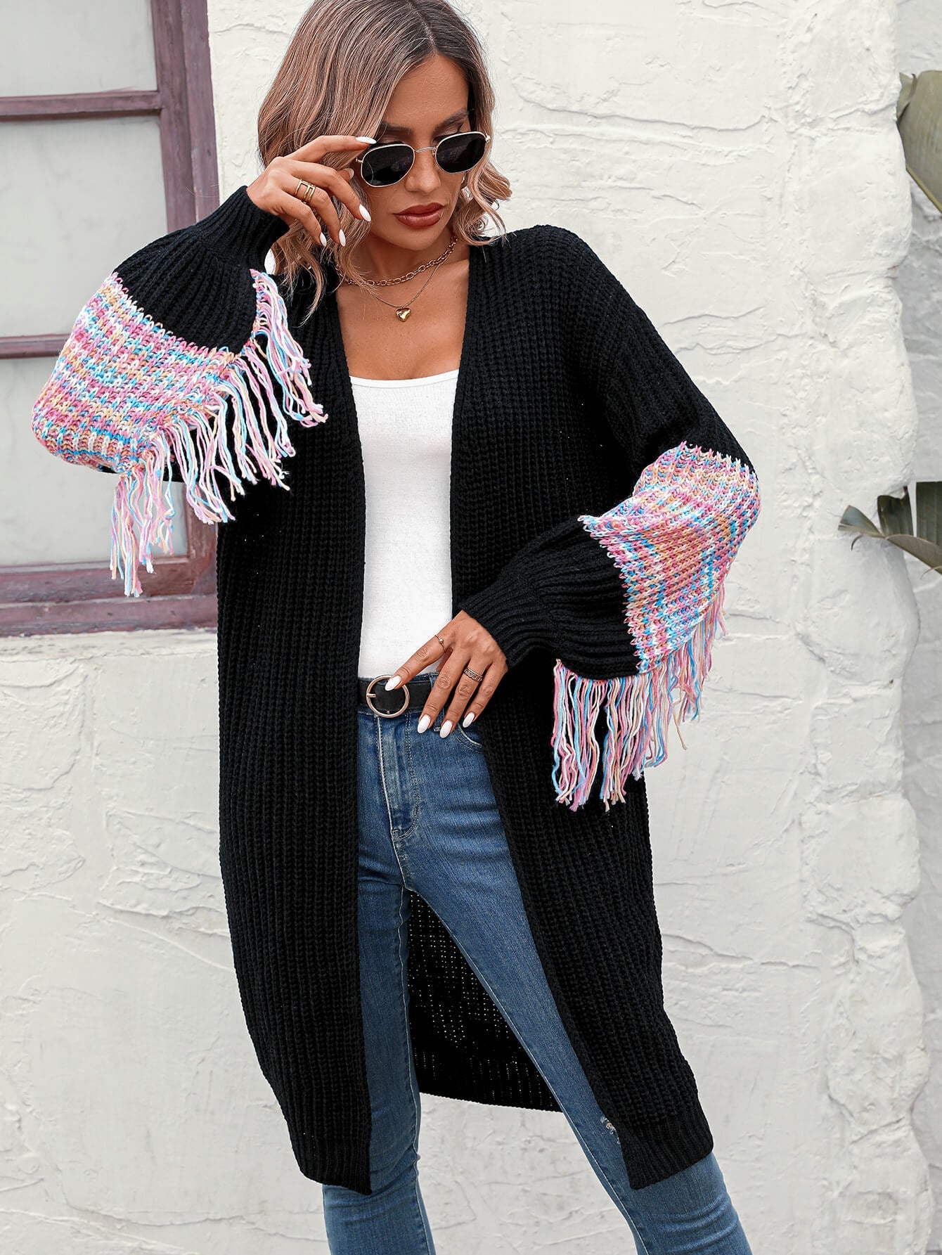 Desert Dreams Knit Fringe Hem Sleeve Cardigan - Black