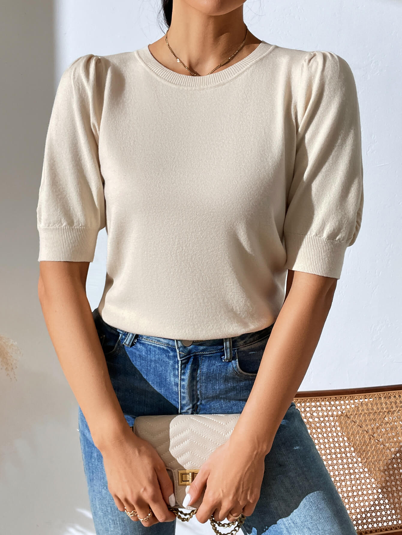 HALO SHORT SLEEVE COTTON BLEND KNIT TOP - BEIGE