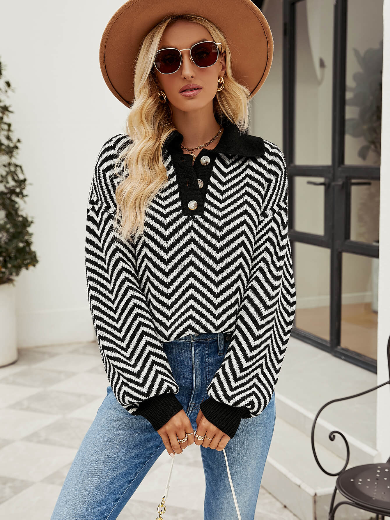 Benji Zig Zag Striped Batwing Sleeve Sweater - Black