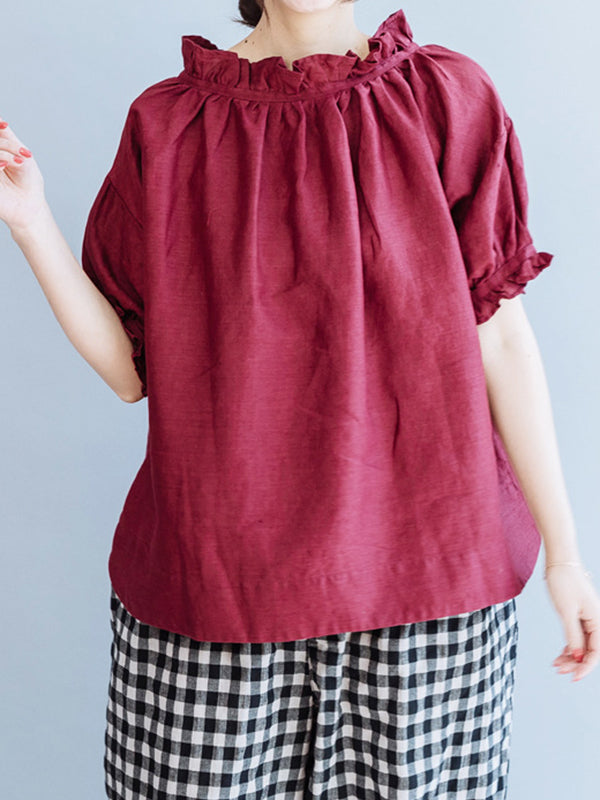 Half Sleeves Loose Ruffled Solid Color Round-Neck T-Shirts Tops