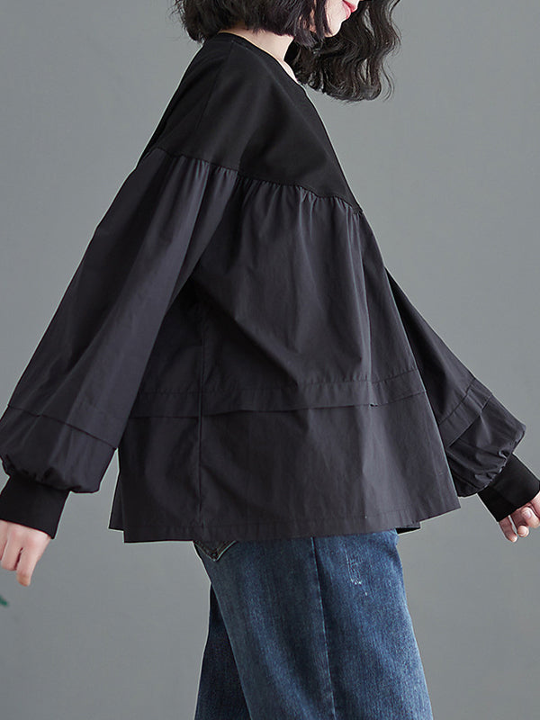 A-Line Long Sleeves Pleated Split-Joint Round-Neck T-Shirts Tops