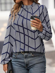 Long Sleeves Loose Elasticity Pleated Polka-Dot Mock Neck Blouses&Shirts Tops