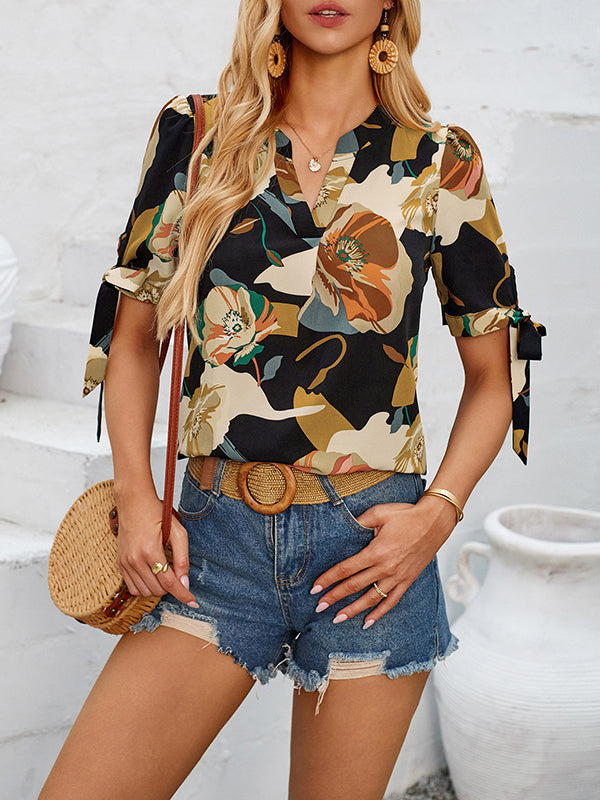 Loose Short Sleeves Flower Print Tied V-Neck Blouses&Shirts Tops