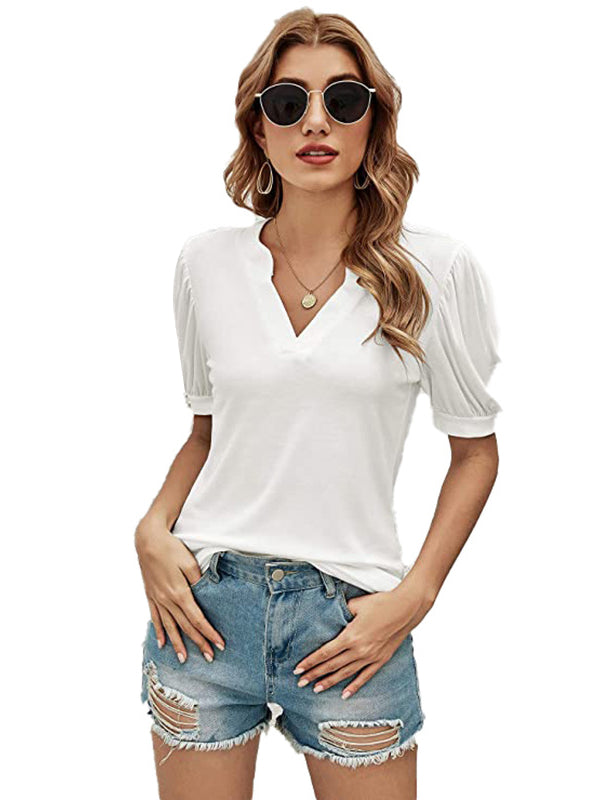 Simple Solid Color V-Neck Puff Sleeves T-Shirt Top