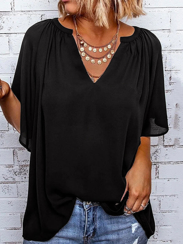 Simple Casual Solid Color Loose Pleated Half Sleeves T-Shirt Top