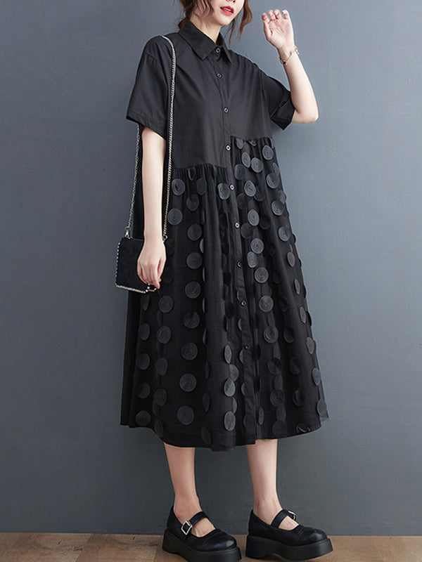 Original Casual Loose Polka-Dot Split-Joint Midi Shirt Dress